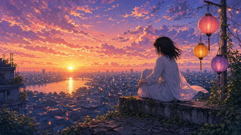 Anime illustration, a girl on a rooftop at sunset over a Vietnamese city, paper lanterns, glowing clouds, painterly Makoto Shinkai style