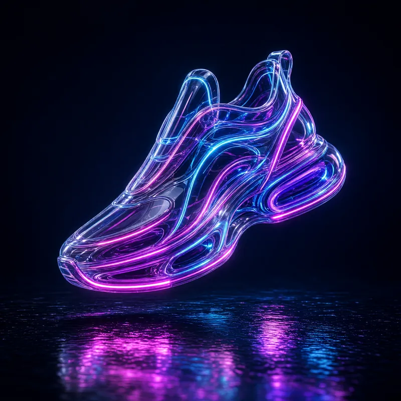A futuristic sneaker made of translucent glass and neon light floating above a dark reflective surface, studio lighting
